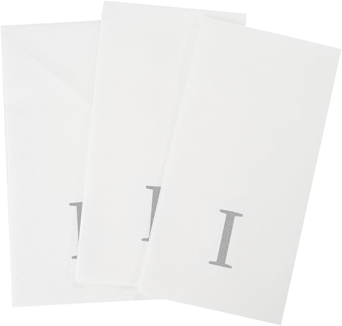 Luxenap 15.8 X 7.9 Inch Linen-Feel Guest Towels, 50 Lettered Hand Towels - Silver Letter 'I', Sans Serif Font, White Paper Dinner Napkins, airlaid, For Restrooms And Tables - Restaurantware