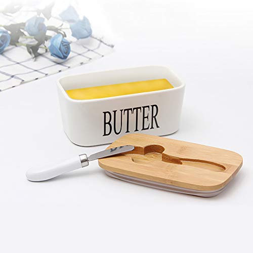 Ceramic Butter Dish with Bamboo Lid and Stainless Steel Knife Spreader (White)