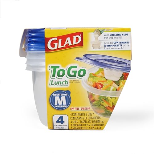 GladWare To Go Lunch Containers with Dressing Cup (Round / 32 oz - 4 Count)