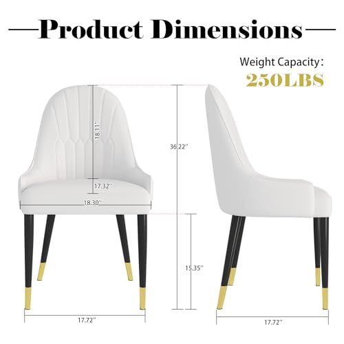 White Dining Chairs Set of 2 with High Backs Mid Century Modern Kitchen Dining Room Chairs PU Faux Leather Upholstered Large Padded Accent Chair with Legs (White)