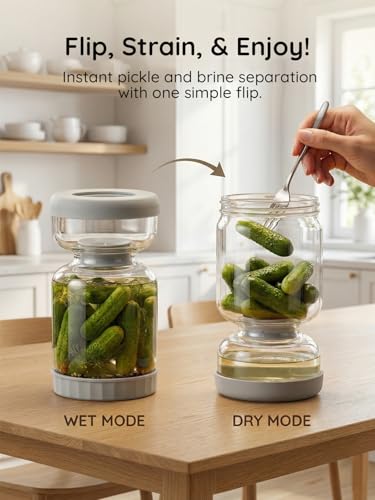 Pickle and Olive Hourglass Jar with Strainer Flip Juice Separator (Gery1Pcs)