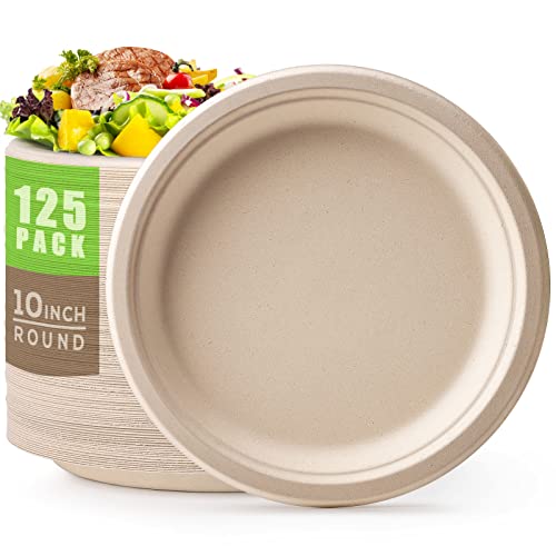100% Compostable Plates 10 Inch 125 Pack Paper Plates Heavy (Brown / 10in 125pcs)