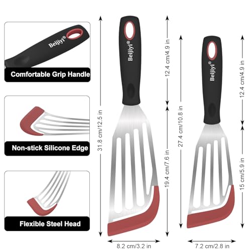 2 Piece Silicone Fish Spatula for Nonstick Cookware (Red)