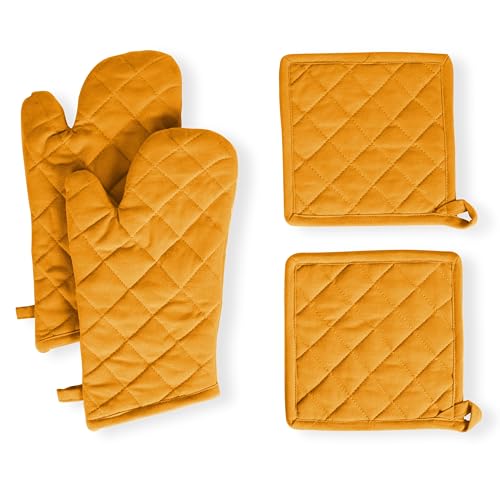 4 Piece Set 2 Oven Mitts & 2 Potholders (Mustard Yellow)