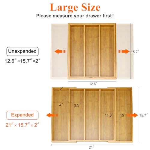 Expandable Bamboo Silverware Drawer Organizer Large Kitchen Utensils Tray ((12.6"-21")x 15.7" / Bamboo)