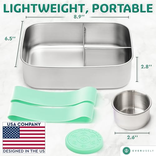 Stainless Steel Bento Box + Condiment Container (Green / 60oz / 1800ml)