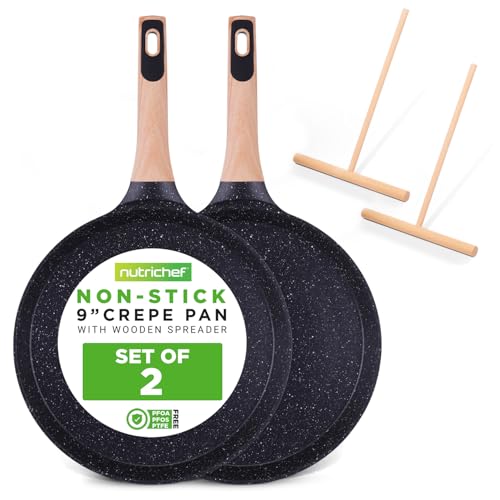 2-Pack Non-Stick Crepe Pan Set, 9.4" Marble Coated Dosa Pans with Wooden Spreaders, Bakelite and Wood Handles, Induction-Compatible, Dishwasher Safe, Even Heat Distribution, Black Marble (Black / 9" (2-Pack))