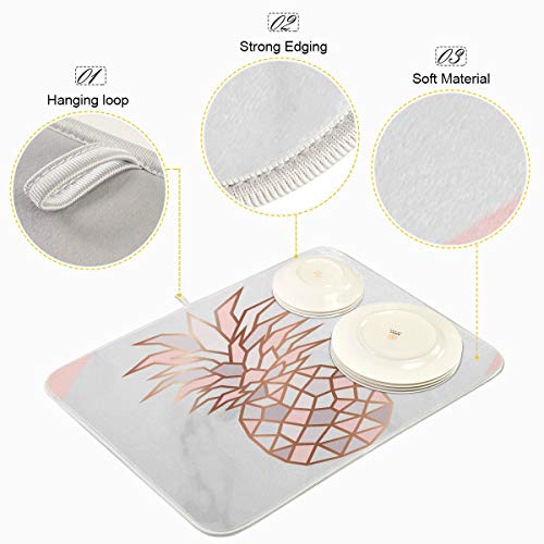 Super Absorbent Dish Drying Mat (Rose Gold Pineapple On Pink White Marble / 18" x 24")