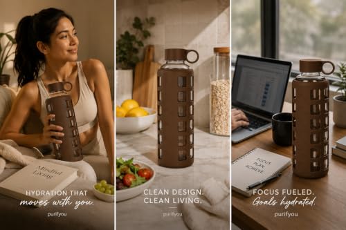40oz / 32oz / 22oz / 12oz Borosilicate Glass Water Bottle with Time & Volume Markers, Silicone Sleeve, Stainless Steel Lid – Reusable Glass Bottle for Water & Juice (40oz Earth Brown) (Earth Brown (1 Count) / 40 Ounces)