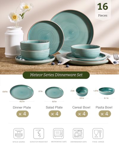 Meteor 16 Piece Dinnerware Set with Pasta Bowls (Peacock Green / Service for 4 (Include Pasta Bowls))
