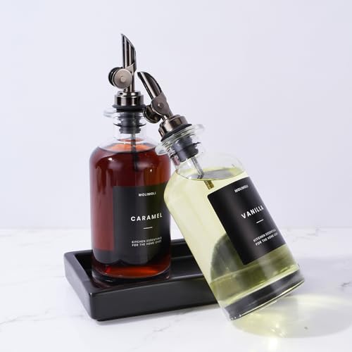 Oil and Vinegar Dispenser with Metal Pour Spout (350ml, Set of 2 Bottles + Tray / Black)