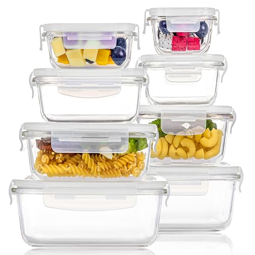 8 Pack Glass Food Storage Containers with Airtight Lids (White)