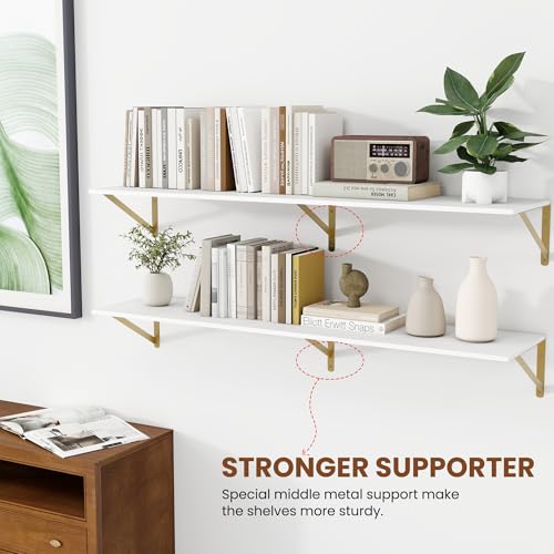 48W x 12D Deep Floating Shelves Set of 2 White & Gold (White With Golden Bracket / 48Wx12Dx5.8H)