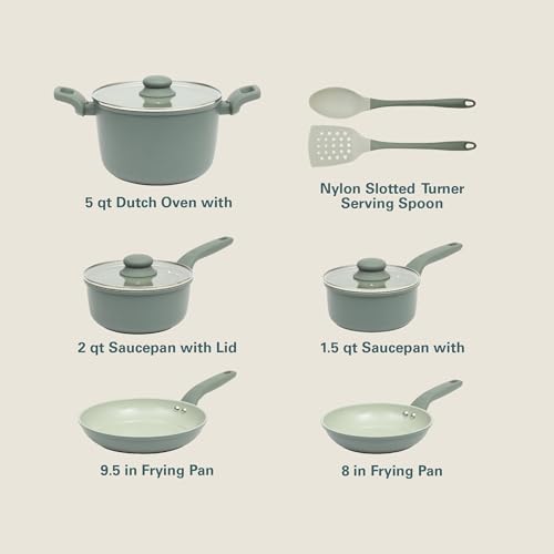 Barnsdall 10 Piece Premium PFA Free Ceramic Nonstick Pots and Pans Aluminum Induction Cookware Set W (8 & 9.5 Inches / Sage Green)