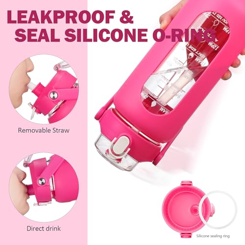 64oz Glass Water Bottles with Straw (Rose red / 64 Ounces)