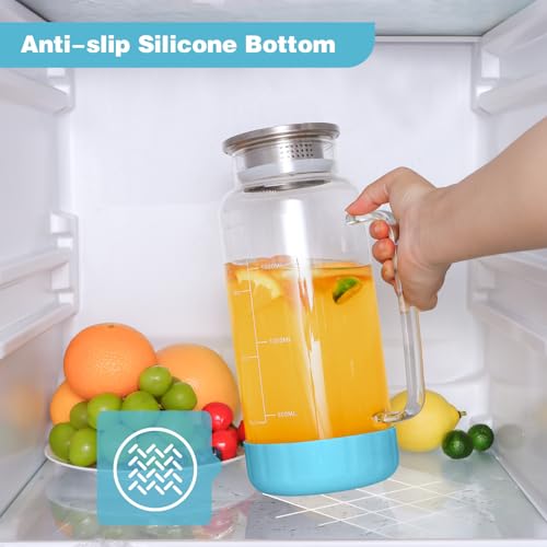 68oz Glass Pitcher with Lid and Handle for Fridge (Blue Silicone)