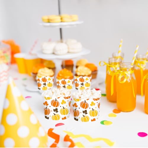 100Pcs Fall Paper Baking Cups Pumpkin Maple Leaf Cupcake Wrappers Orange Yellow Brown Scalloped Edge Cupcake Muffin Cases for Autumn Thanksgiving Dessert Decoration (Fall Pumpkin)