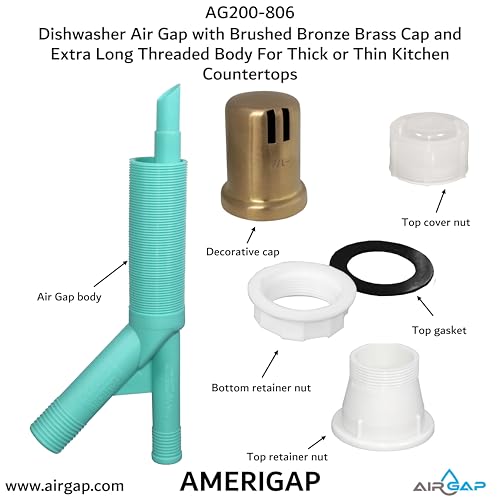 Dishwasher Air Gap with Skirted Brushed Bronze Brass Cap and Extra Long Threaded Body for Thick or Thin Kitchen Countertops (AG200-806)