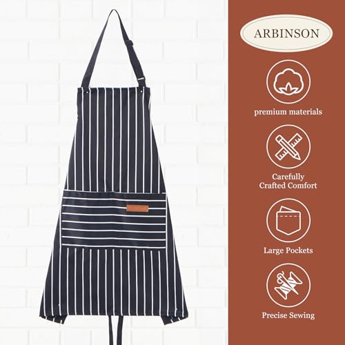 2 Pack Cooking Aprons Adjustable Bib Apron for Women with 2 Pockets (Black/Black Stripes)