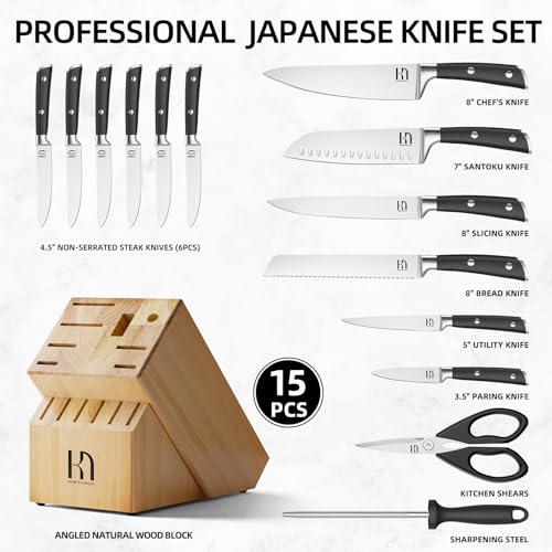 Japanese 15 pc Kitchen Knife Block Set (Natural Black)