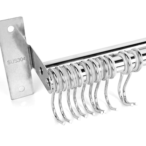 Utensil Hanging Rack Stainless Steel Rail Hanger Rod Wall Mounted Pot Pan Lid Holder Cookware Storage Organizer with Sliding Hooks for Kitchen Bathroom