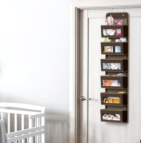 6 Clear Window Pocket Over Door Hanging Organizer (6 Pockets / Brown)