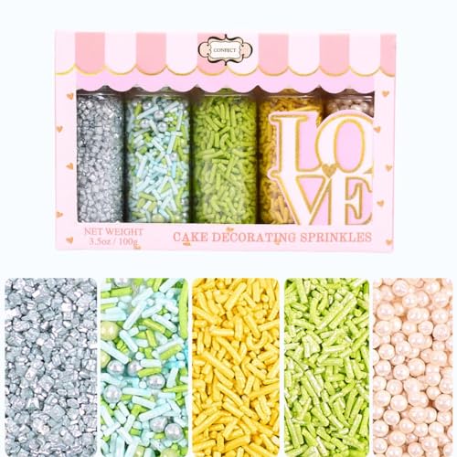 Edible Sprinkles for Cakes & Cupcakes Decoration Assorted pack of 5 Summer Fun Sprinkles Mix White Dragees Green Yellow Blue Jimmies Silver Sparkling Sugar (5 Ounce)