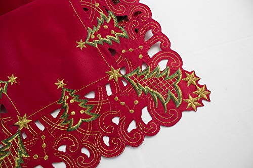 Holiday Embroidered Christmas Tree Cutwork Border Table Linens (Red / 16"x108" Table Runner)