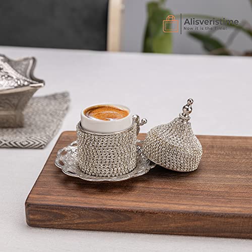 Lale Crystal Turkish Coffee Set with Tray (Silver)