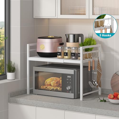 Expandable Microwave Stand Kitchen Countertop Organizer (White / 2 Tier (Without Spice Rack))