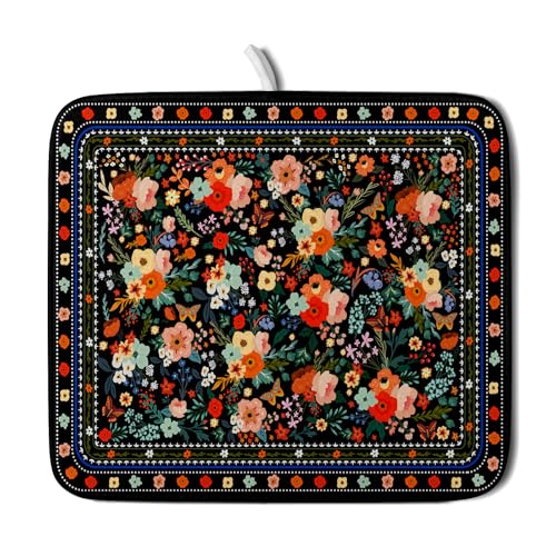 Black Flowers Dish Drying Pad Boho Floral Washable Microfiber Kitchen Mat for Home Decor (Boho Floral Black / 18" x 16")