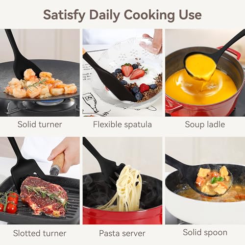 6 Pcs Silicone Kitchen Utensils Set Wood Handle BPA (Black-A / 6 Piece)