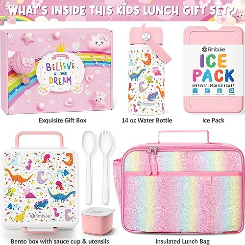 Kids Bento Lunch Box with Toddler Insulated Water Bottle Lunch Bag (A5. White Dinosaur)