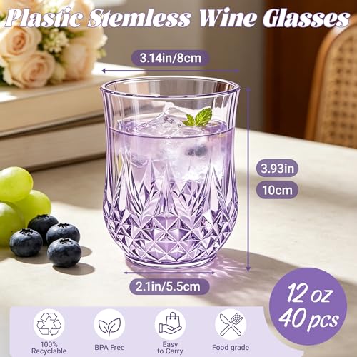40 Pack Plastic Stemless Wine Glasses (Purple)