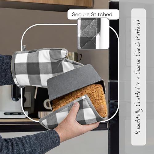 Buffalo Plaid Check Oven Mitts and Pot Holders Set of 4 (Buffalo, Dark Grey)