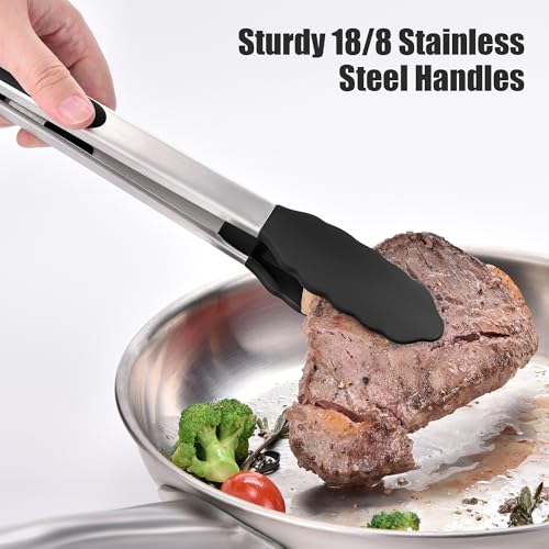 Kitchen Tongs with Silicone Tips for Cooking Serving (12in / Black)