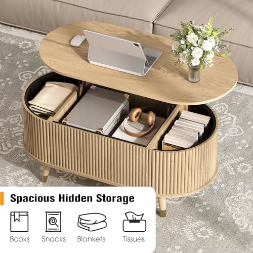 Oval Lift Top Coffee Table with Storage for Living Room (Warm Oak)