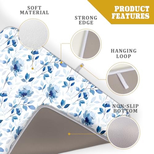 Blue Floral Dish Drying Mat 18x24 inch Flower Leaves Dish Rack Pad Microfiber Washable Dishes Drainer Pad Kitchen Countertop Accessories (Blue Floral / 18" x 24")