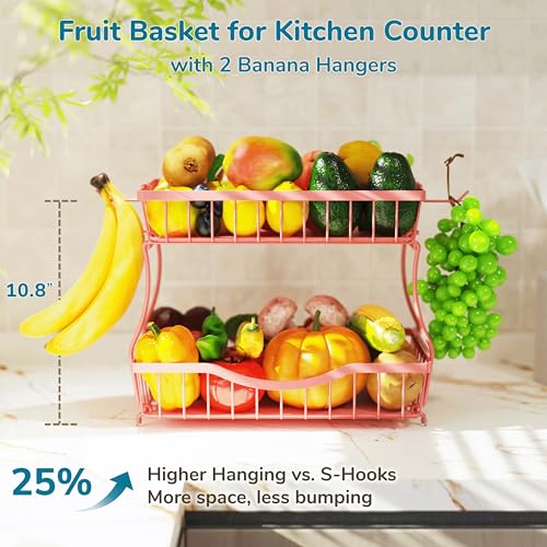 Large 2 Tier Fruit Basket for Kitchen Counter with 2 Banana Hangers (Pink)