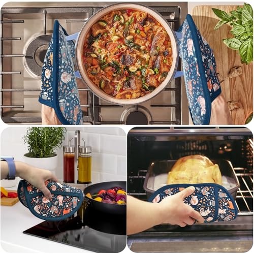 Pot Holders with Transparent Clear Silicone Shell and Nice Cat Flower (Potholders / Navy, Cat)
