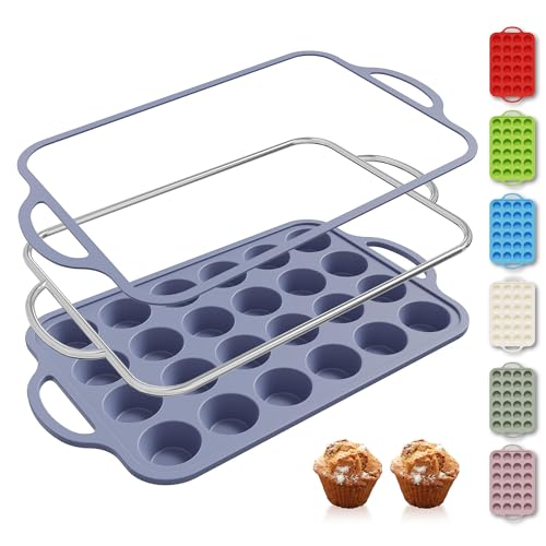 24 Cups Silicone Muffin Pan with Metal Reinforced Frame Mini Size Cupcake Tray Egg Mold Kitchen Stuff Accessories New Home Essential First Department Must Haves Gadget Thing Housewarming Hostess Gift (1pc: 24-Cup Mini / Morandi Blue)