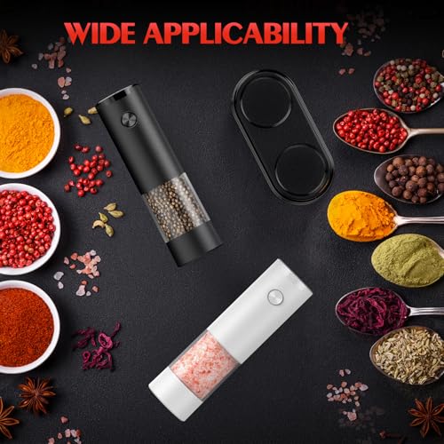 Electric Salt and Pepper Grinder Set Automatic Grinder for Kitchen Battery Pepper Mill Shakers Adjustable Coarseness Upgraded Larger Capacity with Led Gifts for Mom (BlackWhite)