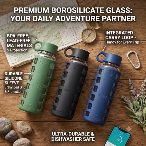 40oz / 32oz / 22oz / 12oz Borosilicate Glass Water Bottle with Time & Volume Markers, Silicone Sleeve, Stainless Steel Lid | Reusable Glass Bottle for Water & Juice (12oz Shale Green) (Shale Green (1 Count) / 12 Ounces)