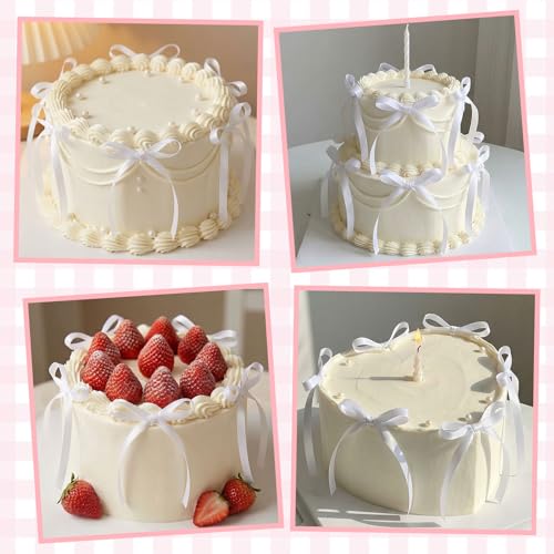 30 Pack Bow Cake Toppers White Ribbon Bows for Cake (White)