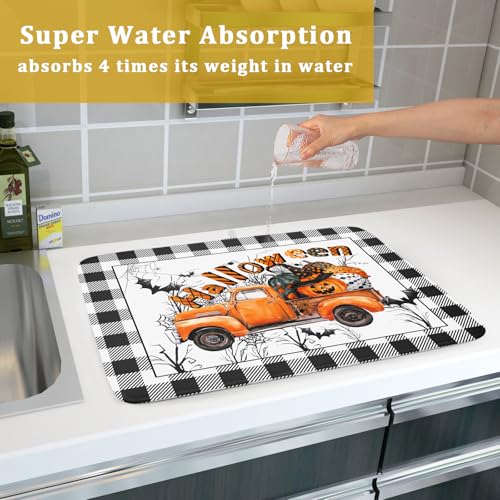 Halloween Truck Dish Drying Mat Orange Absorbent Microfiber Coffee Pad (Halloween Truck Orange / 24" x 18")