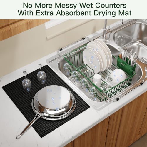 Green Expandable Dish Drying Rack Over Sink with Extra Drying Mat (Green / For 11.5"-16" W Sink with Cup Holder & Mat)