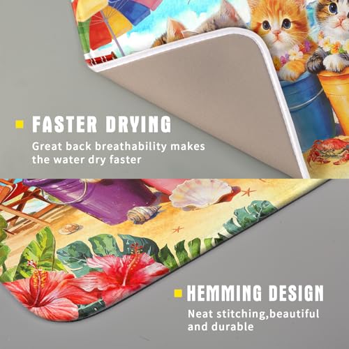 Summer Dish Drying Mat for Kitchen Counter 18 X 16 in Cute Cat Beach (Lovely Cat Blue / 18" x 16")