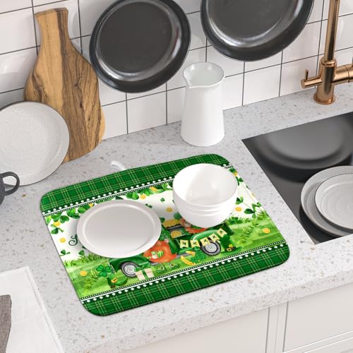 Shamrock Truck Dish Drying Mat Buffalo Check Dish Drainer Mat 16x18 inch Reversible Microfiber Quick Dry Rack Pad for Kitchen Counter Sink (Shamrock Truck Plaid / 16" x 18")