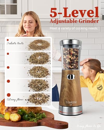 Electric Salt and Pepper Grinder Set with Storage Base (Dark Wood Grain)