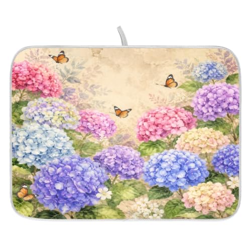 Vintage Flowers Spring Summer Dish Drying Mat for Kitchen Counter Absorbent Microfiber Hydrangea Butterfly Small Drying Pad Dish mats for Kitchen Countertops 16 x 18 Inch (Spring Vintage Flowers / 18" x 16")